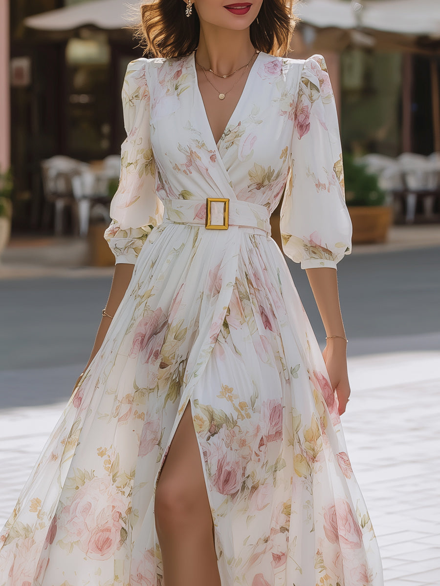 Romantic Floral Chiffon Maxi Dress With Belted Waist