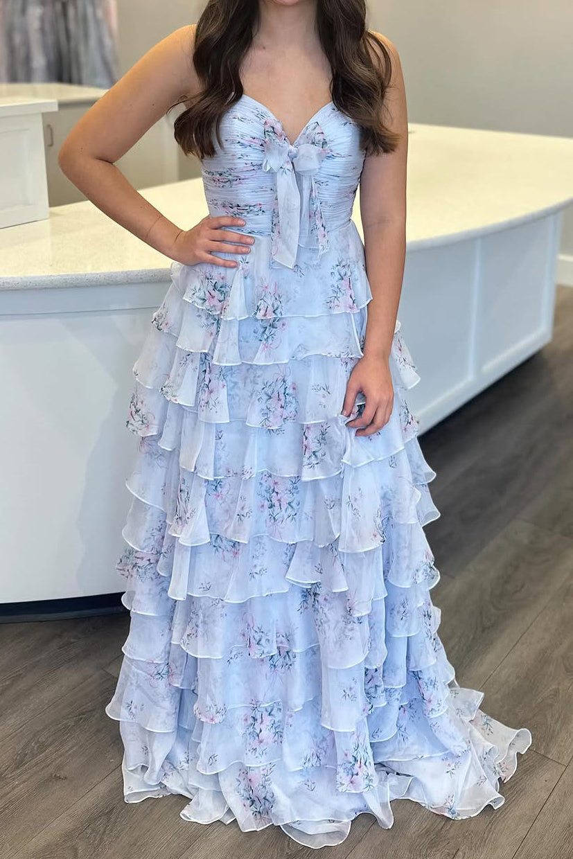 A Line Sweetheart Floral Chiffon Tiered Prom Dress with Slit