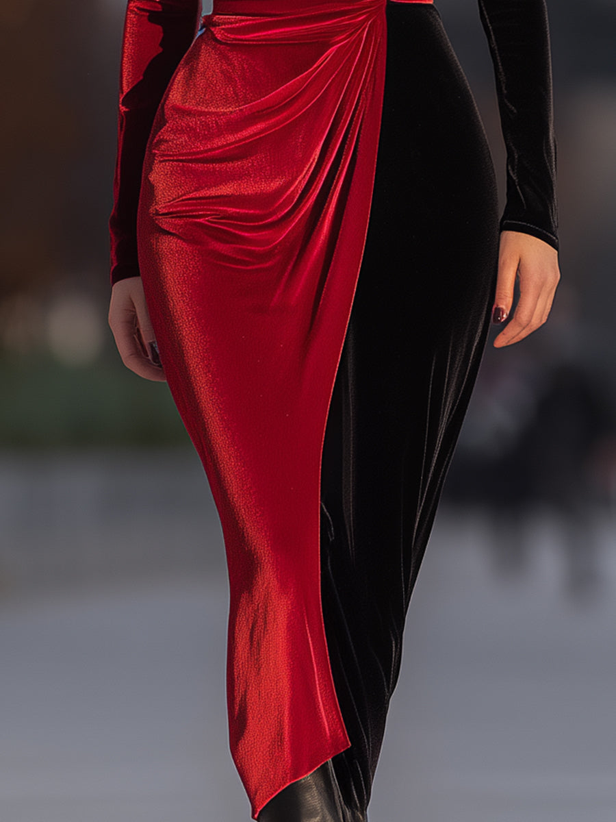Velvet Color-Block Draped Evening Gown