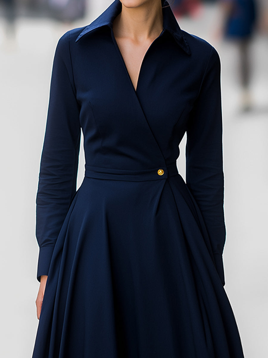 Stylish Long-Sleeve Plain Midi Dress
