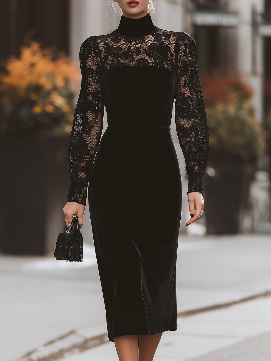 Black Velvet And Lace Midi Dress Black Velvet And Lace Midi Dress