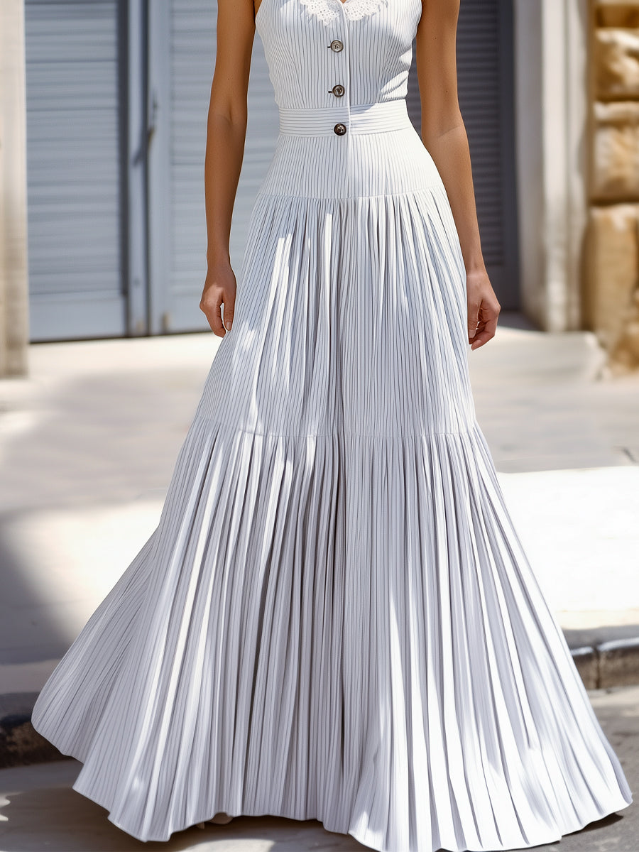 Sleeveless Striped Pleated Maxi Dress With Eyelet Collar Wedding Guest Dresses