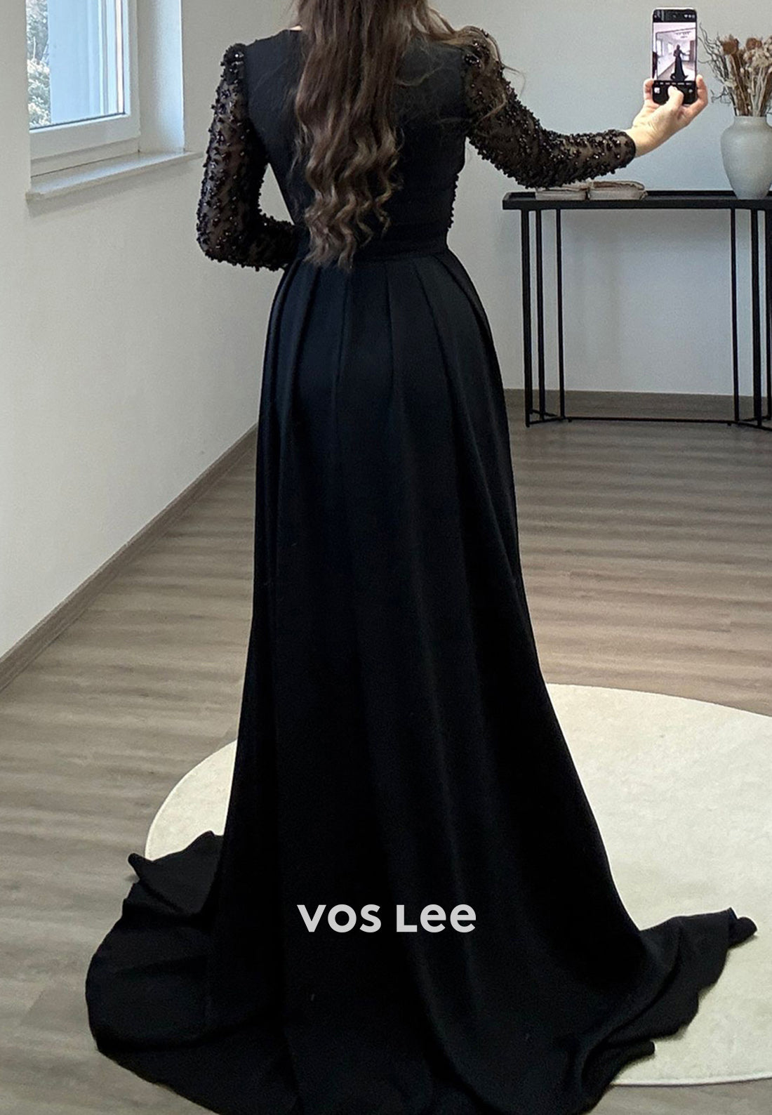 Formal Beaded V Neck Long Sleeves with Train Evening Dress Party Gown