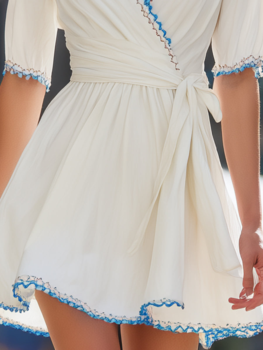 White Wrap Mini Dress with Blue Crochet Trim
