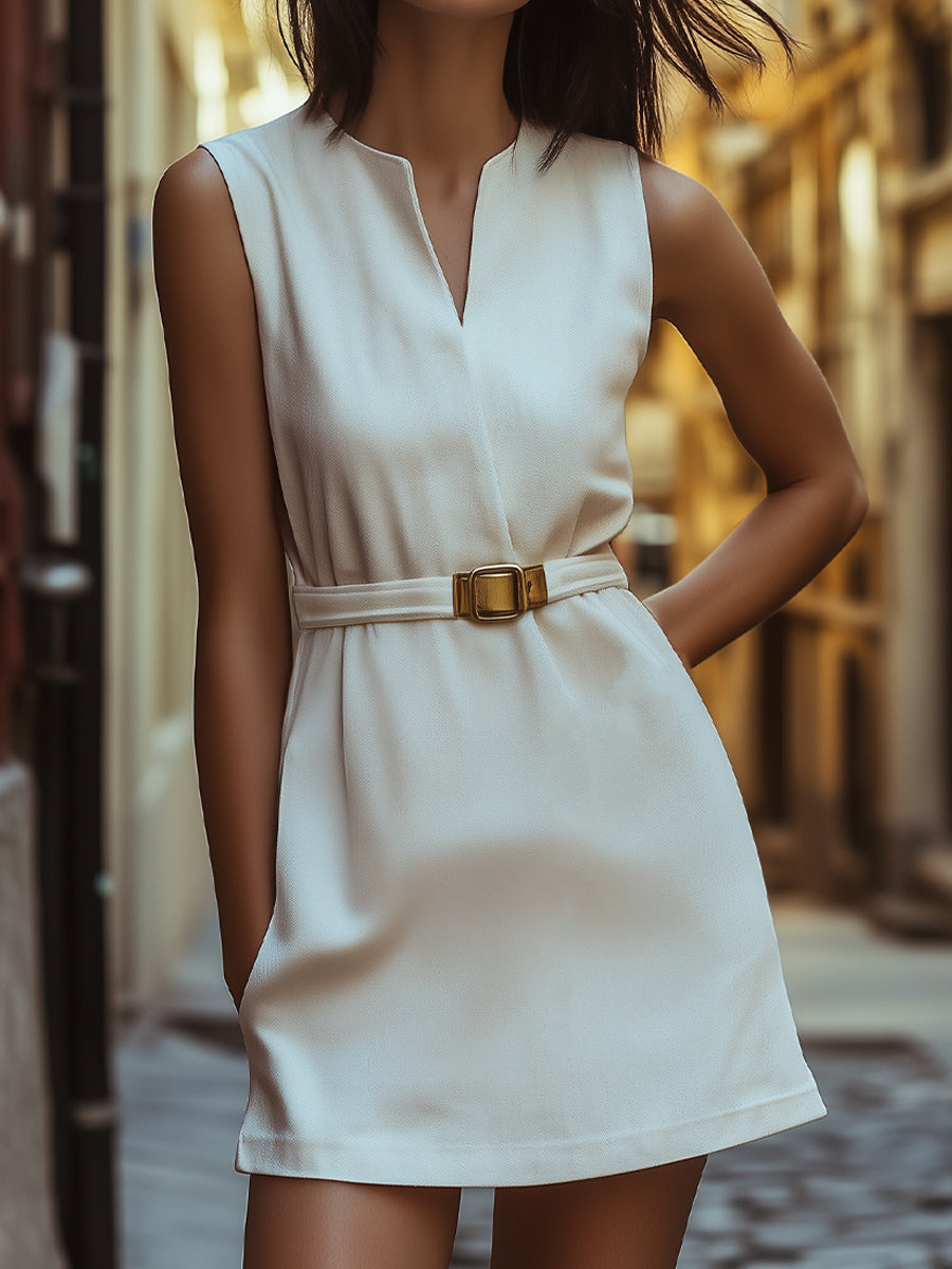 Ivory Belted Sleeveless Mini Dress Wedding Guest Dresses