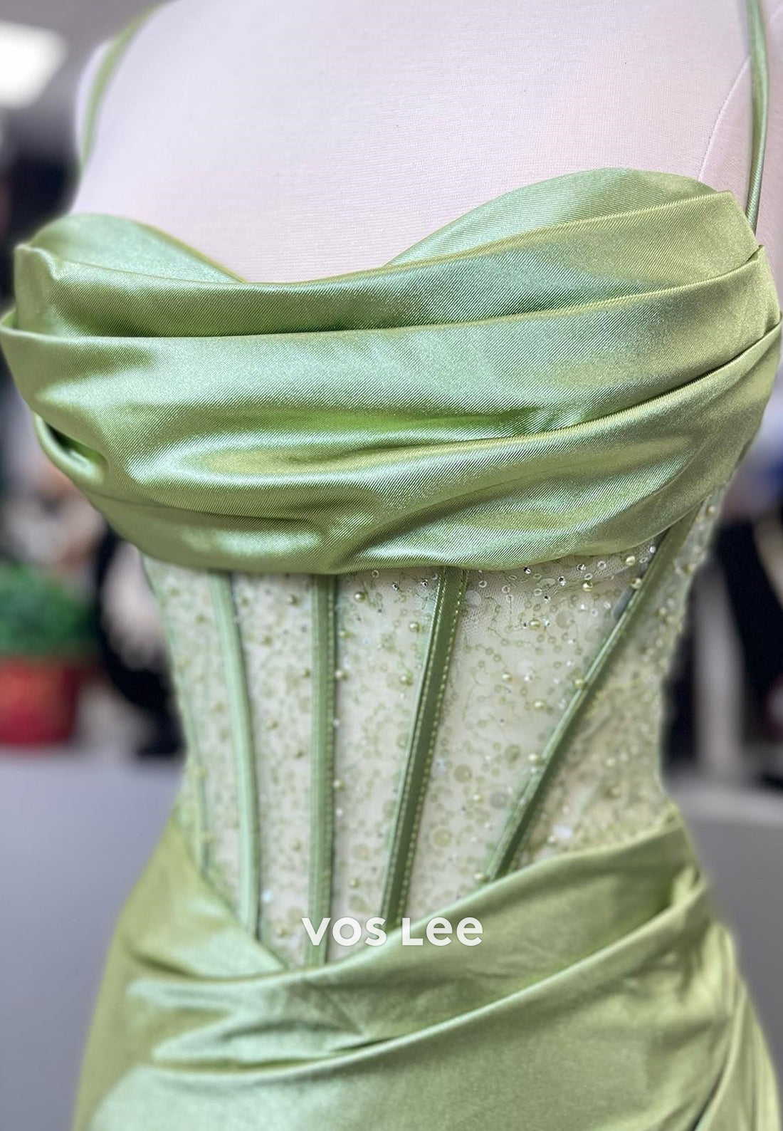 Glamorous & Dramatic Spaghetti Straps Illusion Sequins Mermaid Prom Dresseswith High Split