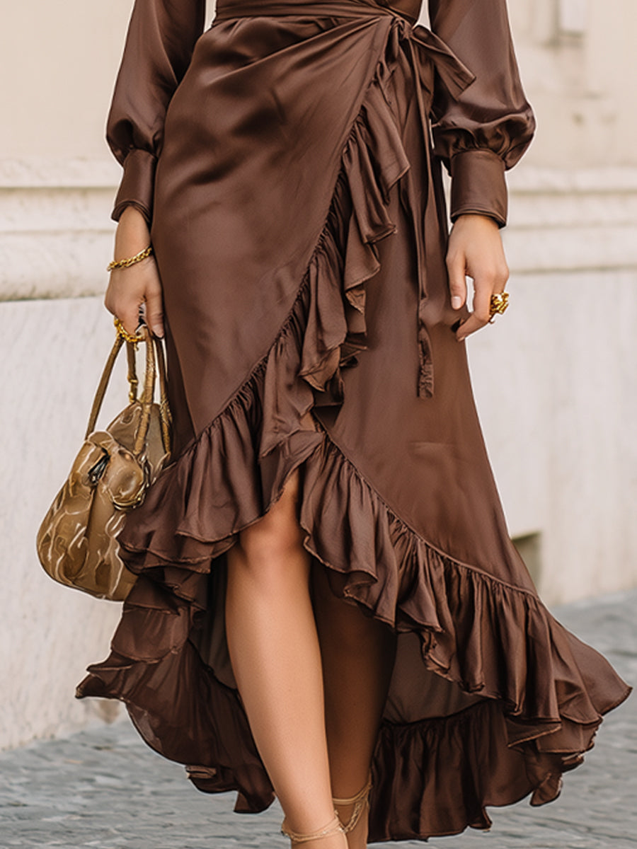 Ruffled Satin Brown Dress With Belt