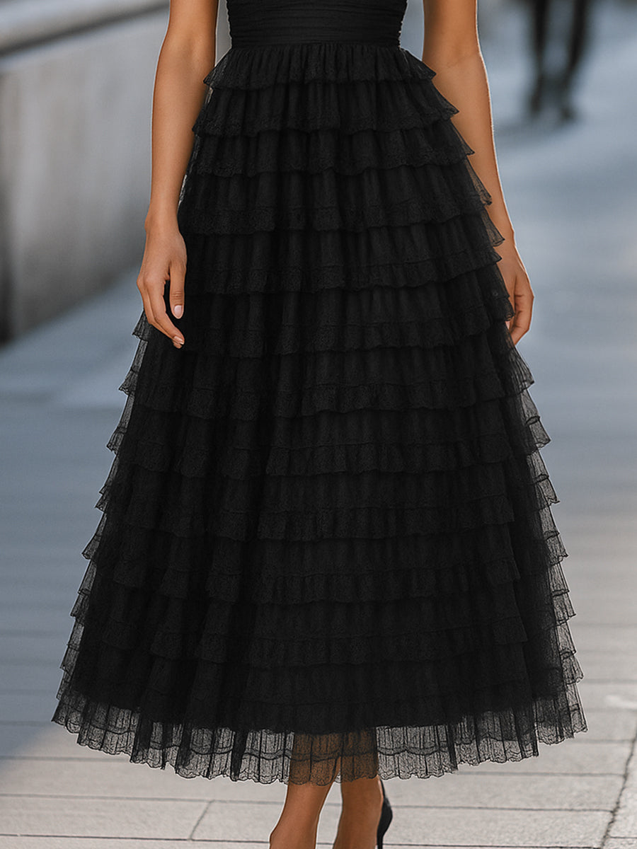 Strapless Tiered Tulle Maxi Dress Wedding Guest Dresses