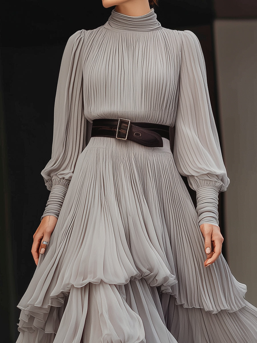 Grey Pleated High-Neck Layered Maxi Dress