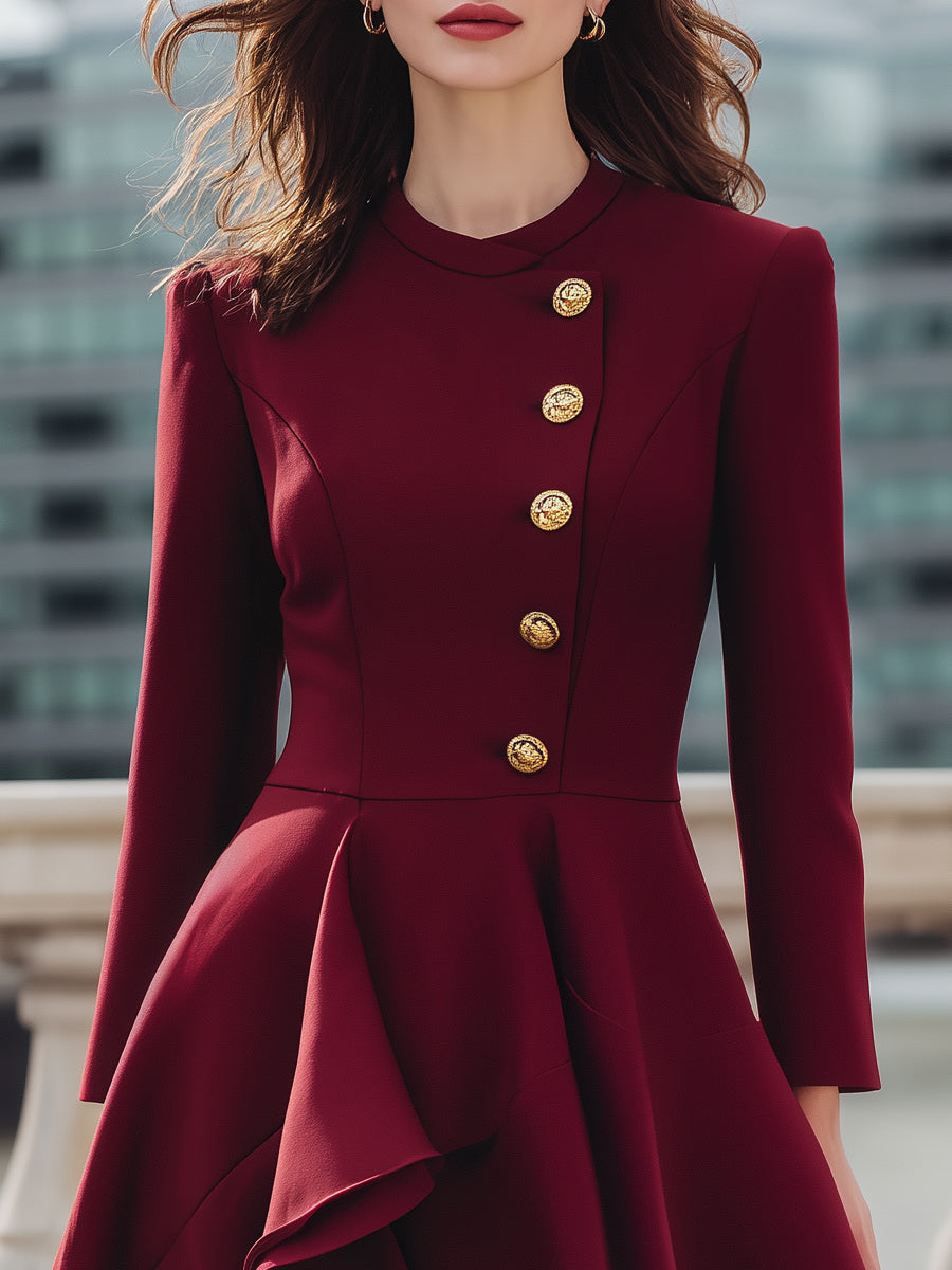 Structured Asymmetrical Ruffle Hem Dress With Gold Buttons