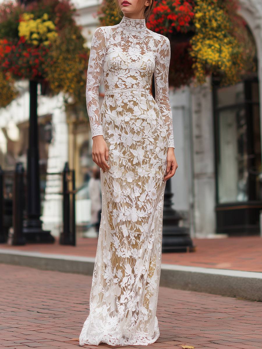 White Floral High-Neck Sheer Lace Gown White Floral High-Neck Sheer Lace Gown