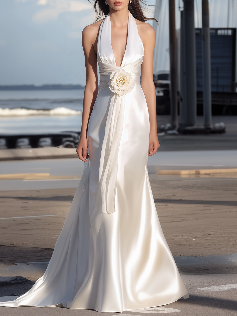 Elegant Satin Halter Gown With 3D Rose Detail