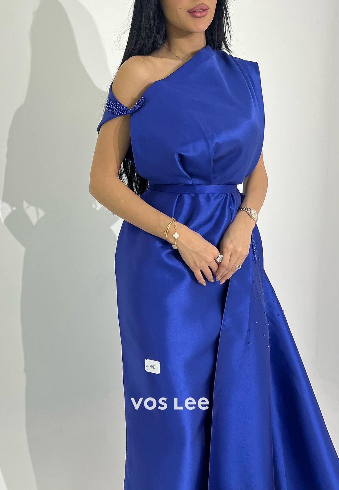 Royal Blue Asymmetrical Neck Sheath Evening Dresses with Sweep Train