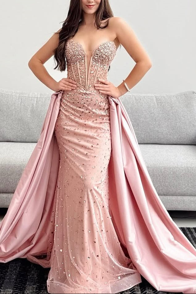 Dusty Pink Sweetheart Mermaid Evening Dress With Crystals Detachable Skirt