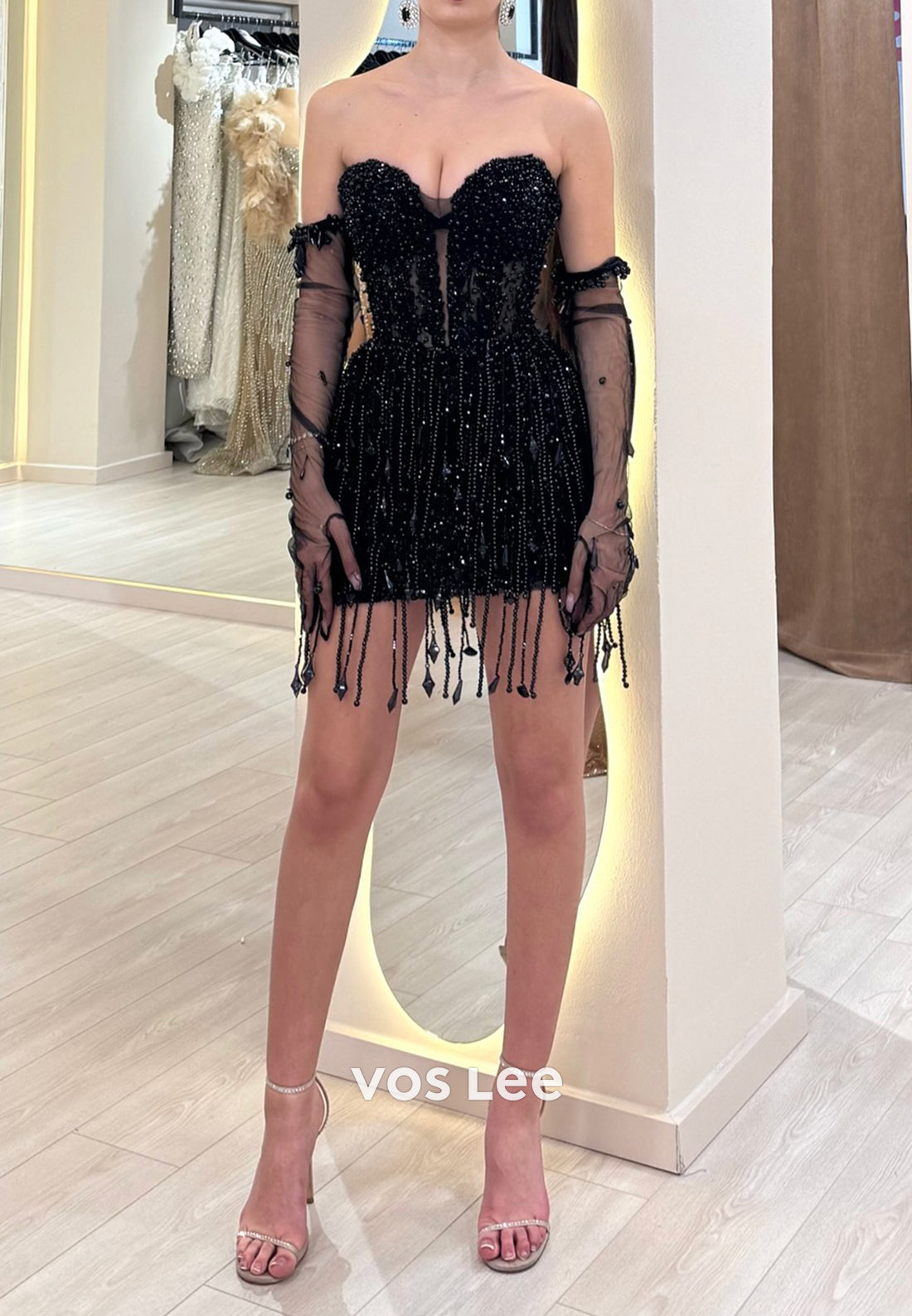 Mini & Short Strapless Sweetheart Fully Beaded Pleated Sheath Evening VOS LEE Mini & Short Strapless Sweetheart Fully Beaded Pleated Sheath Evening VOS LEE