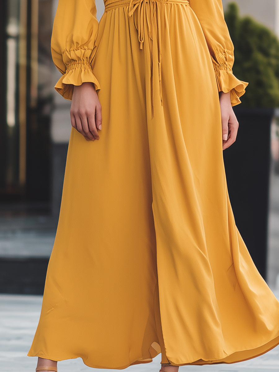 VOS LEE Mustard Smocked Waist Maxi Dress