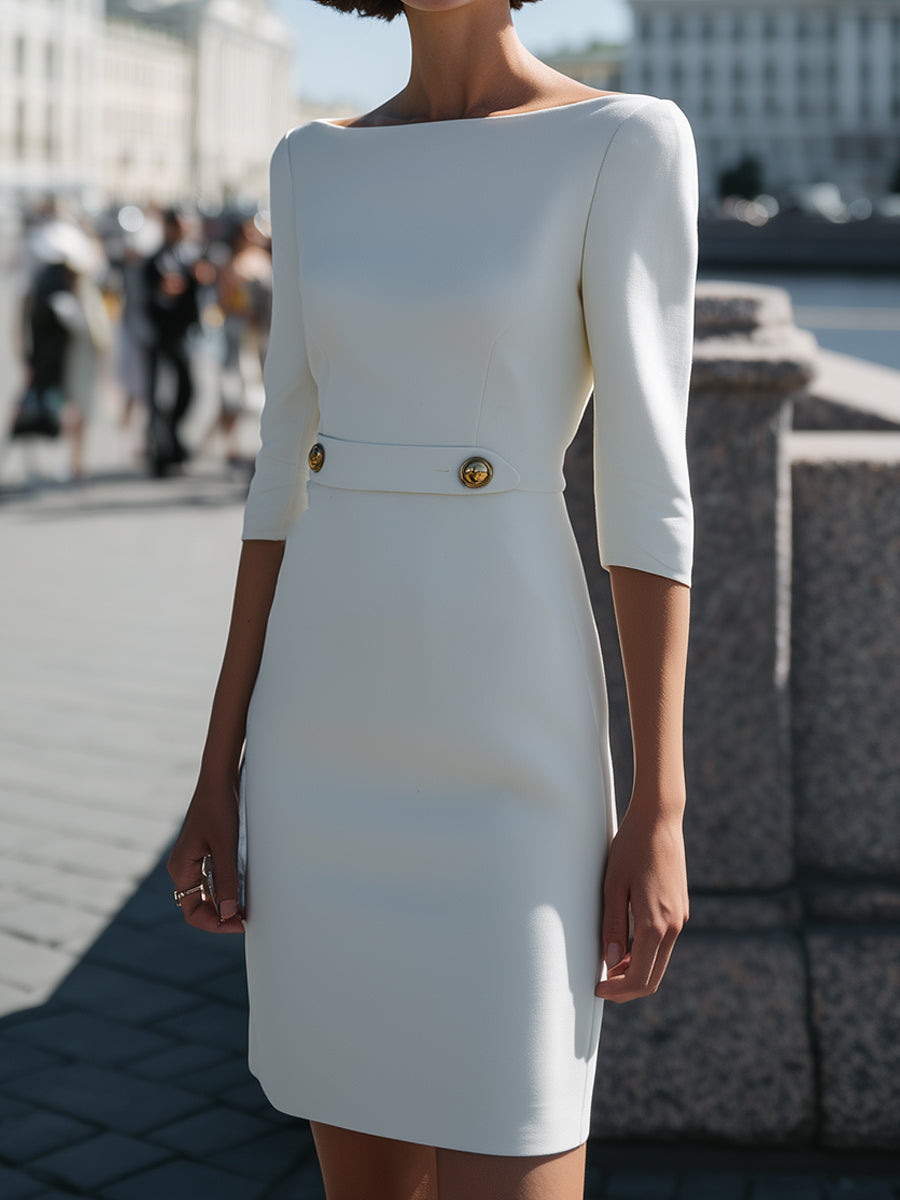 Tailored Waist Pencil Dress In Porcelain White