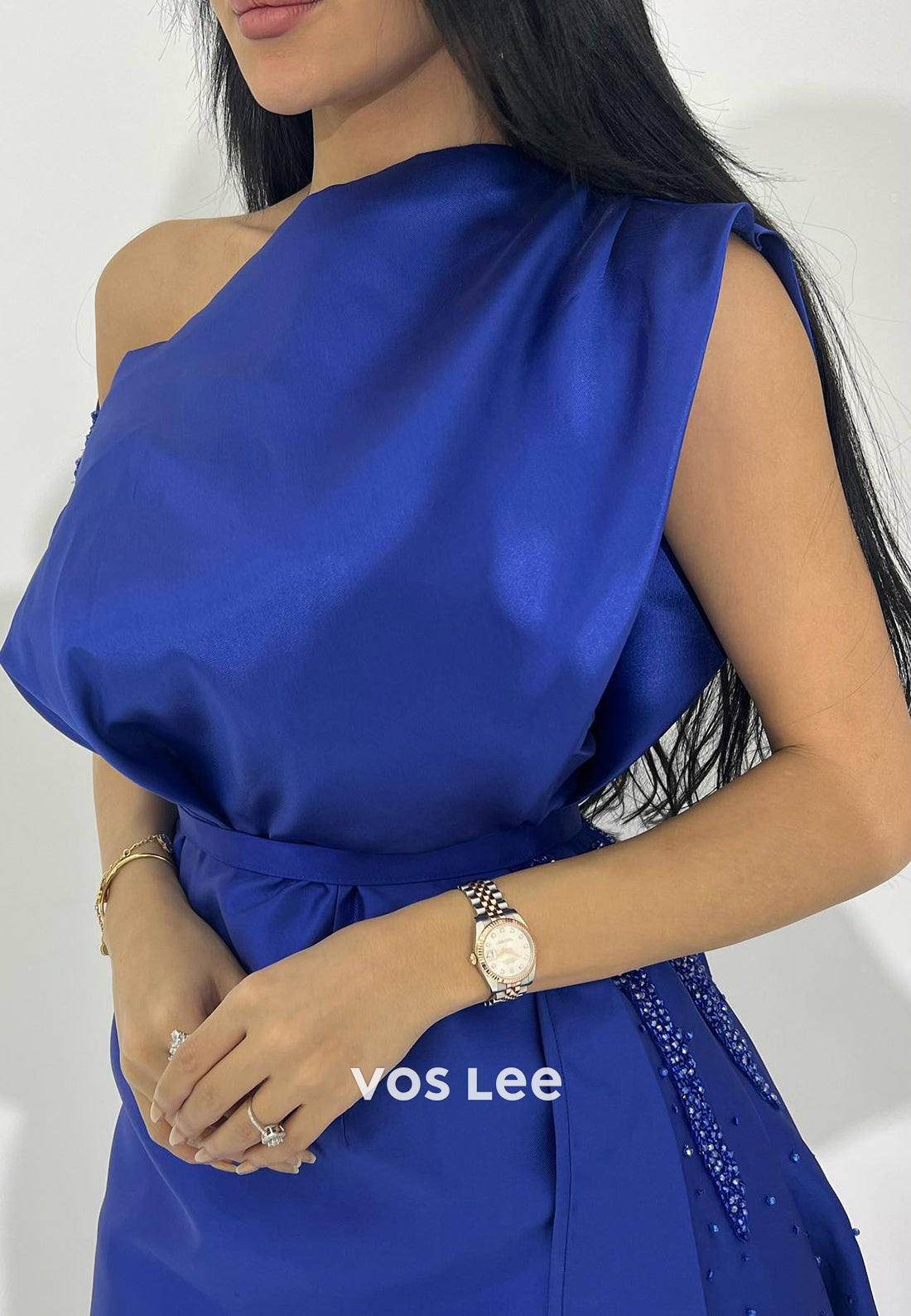 Royal Blue Asymmetrical Neck Sheath Evening Dresses with Sweep Train