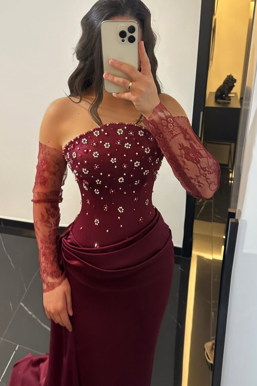 Burgundy Strapless Mermaid Long Evening Gowns Sleeveless With Beads