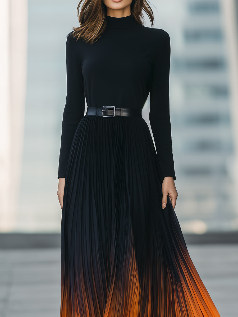 Ombre Pleated Maxi Dress With High Neckline