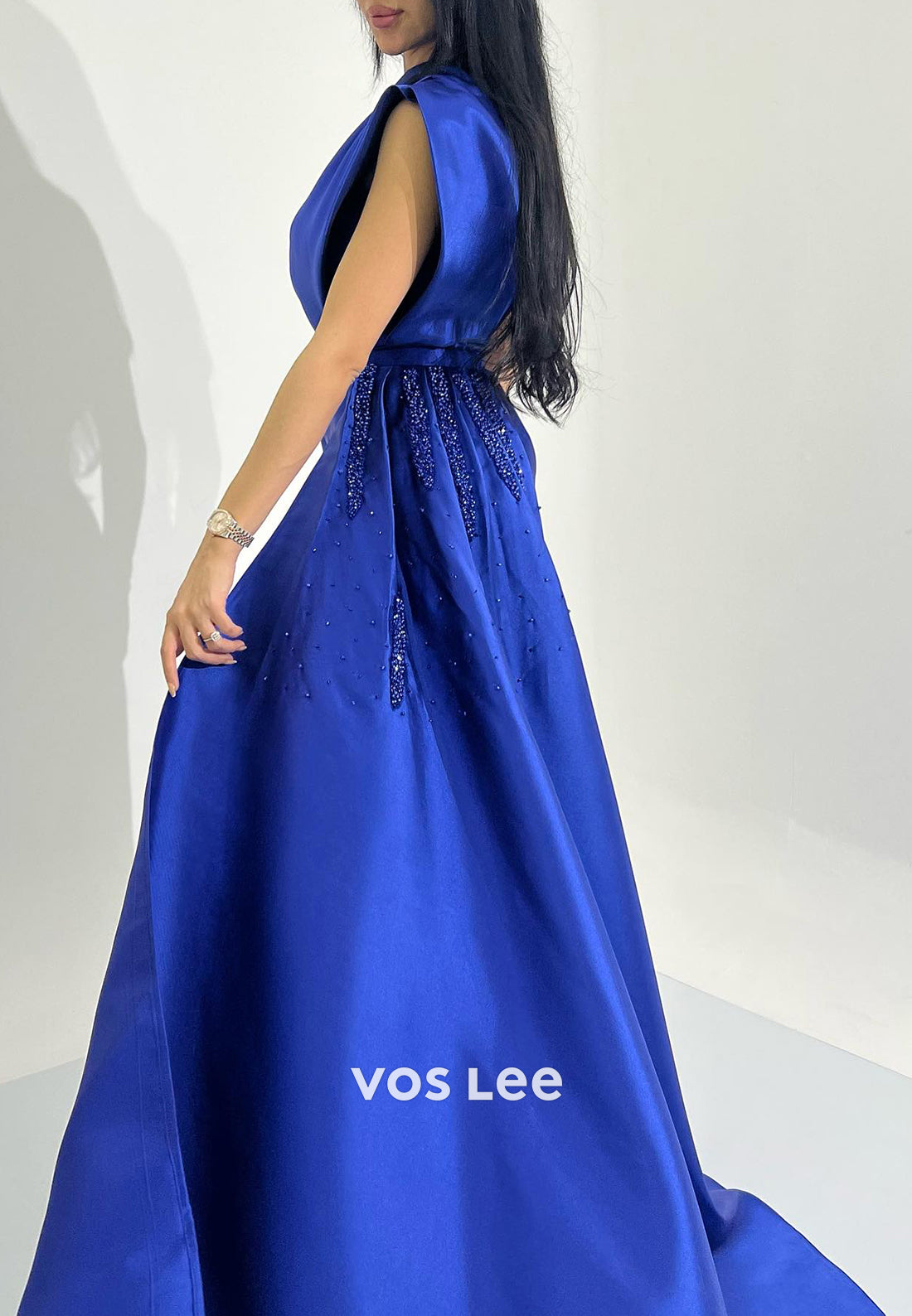 Royal Blue Asymmetrical Neck Sheath Evening Dresses with Sweep Train