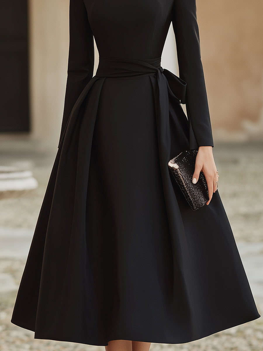 Elegant Off-Shoulder Midi Dress With Draped Collar And Waist Tie