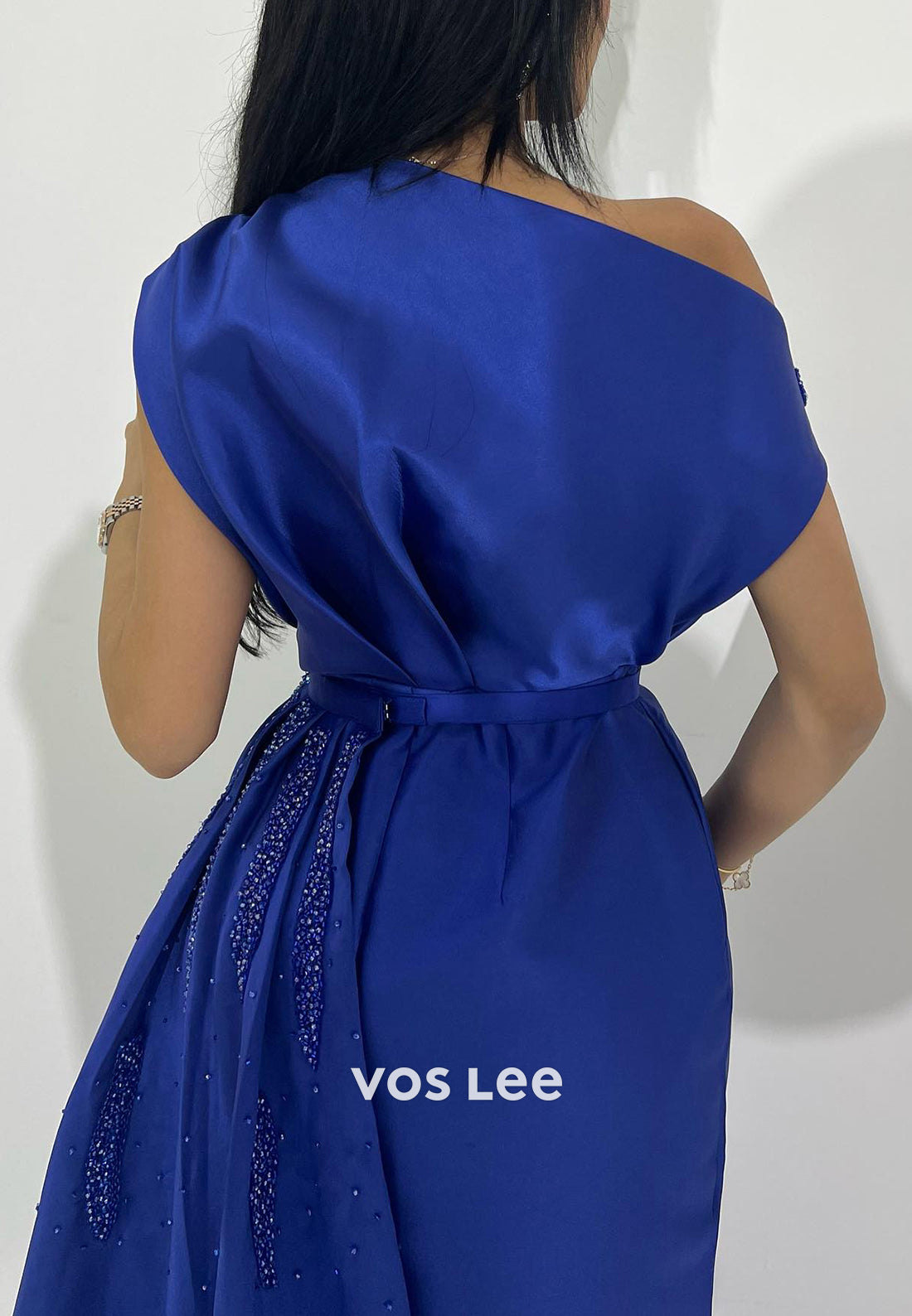 Royal Blue Asymmetrical Neck Sheath Evening Dresses with Sweep Train