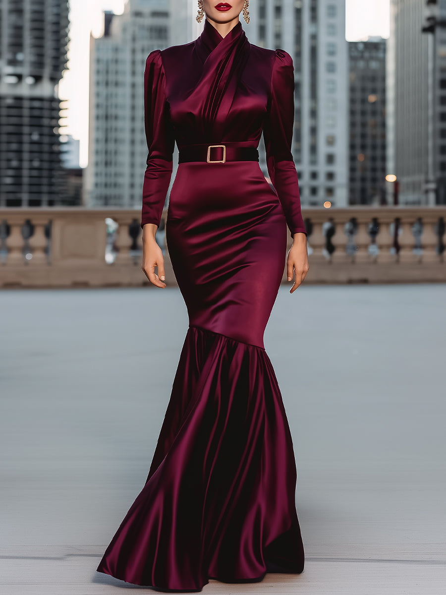 Satin Draped Mermaid Hem Gown With Belted Waist
