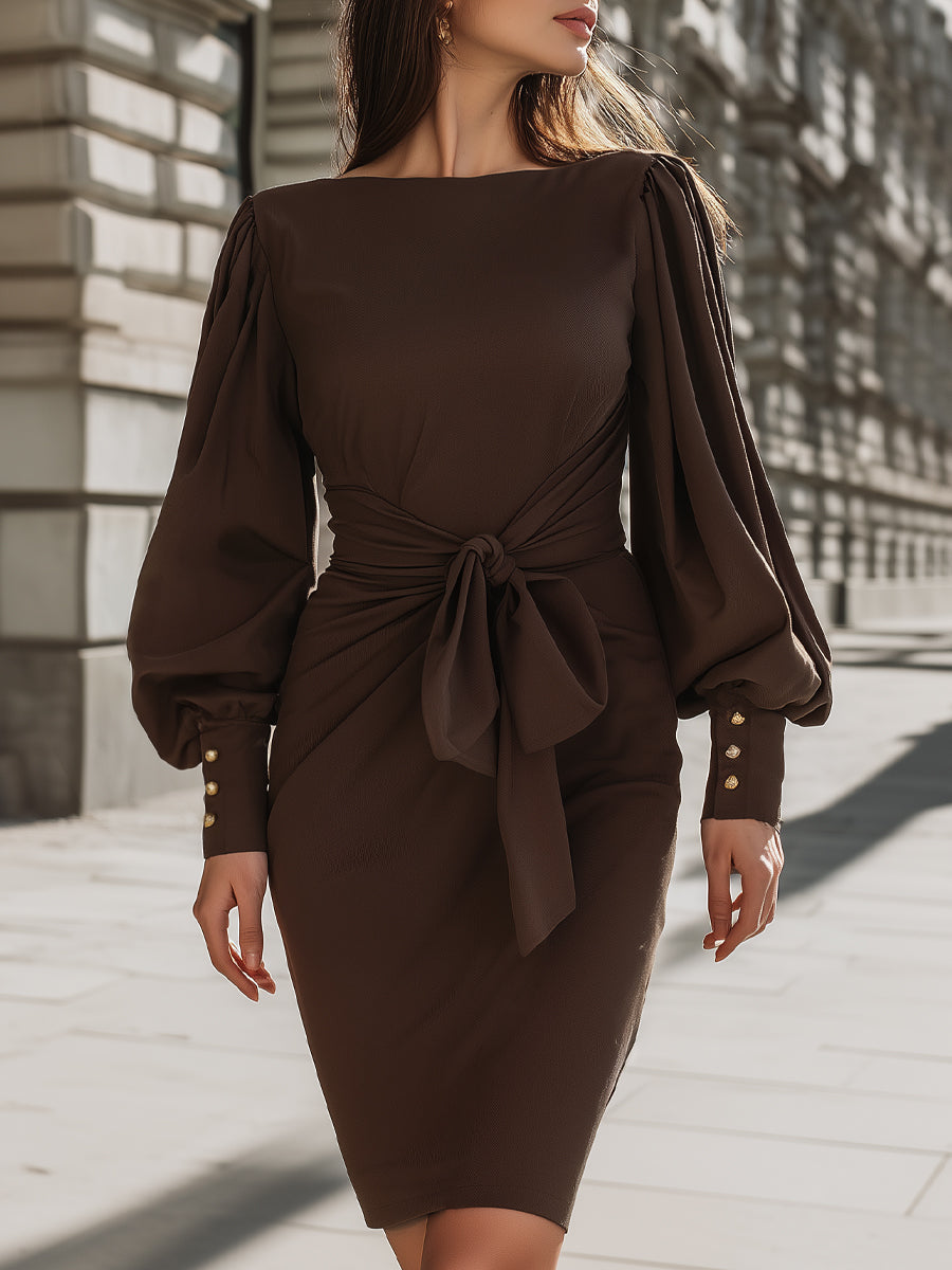 Elegant Puff Sleeve Midi Dress With Tie Waist