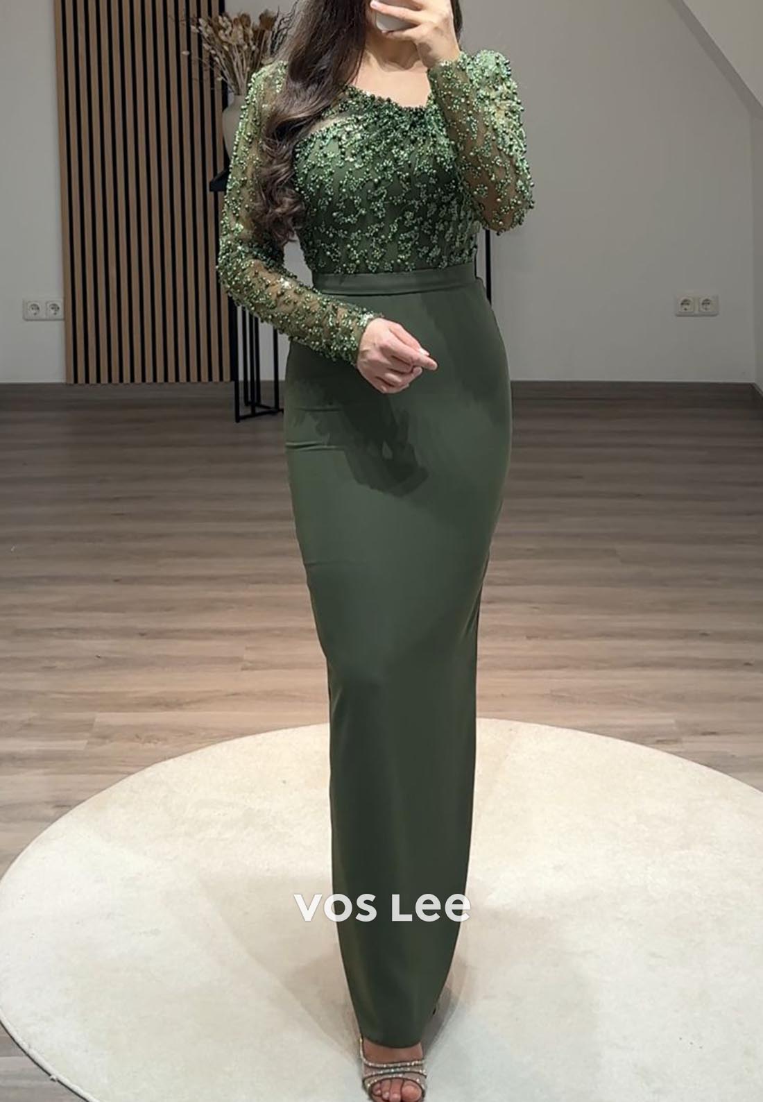 Empire Waist Long Sleeves Lace Pearl Mermaid Formal Dresses with Slit