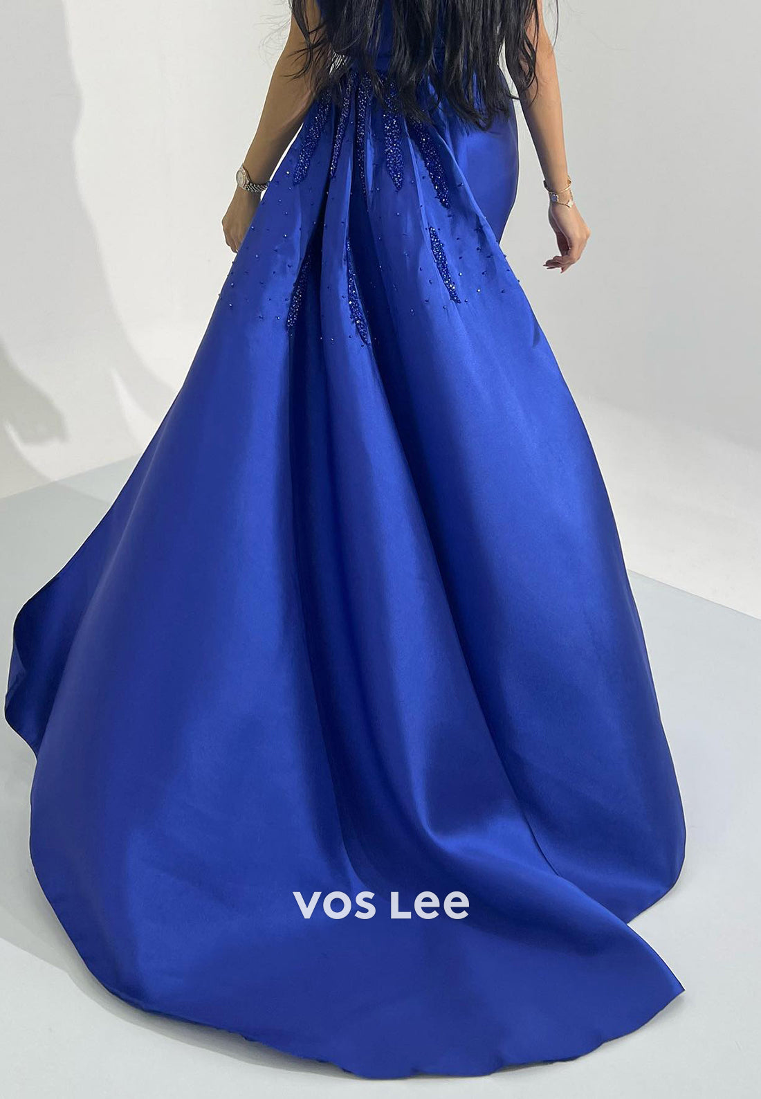 Royal Blue Asymmetrical Neck Sheath Evening Dresses with Sweep Train