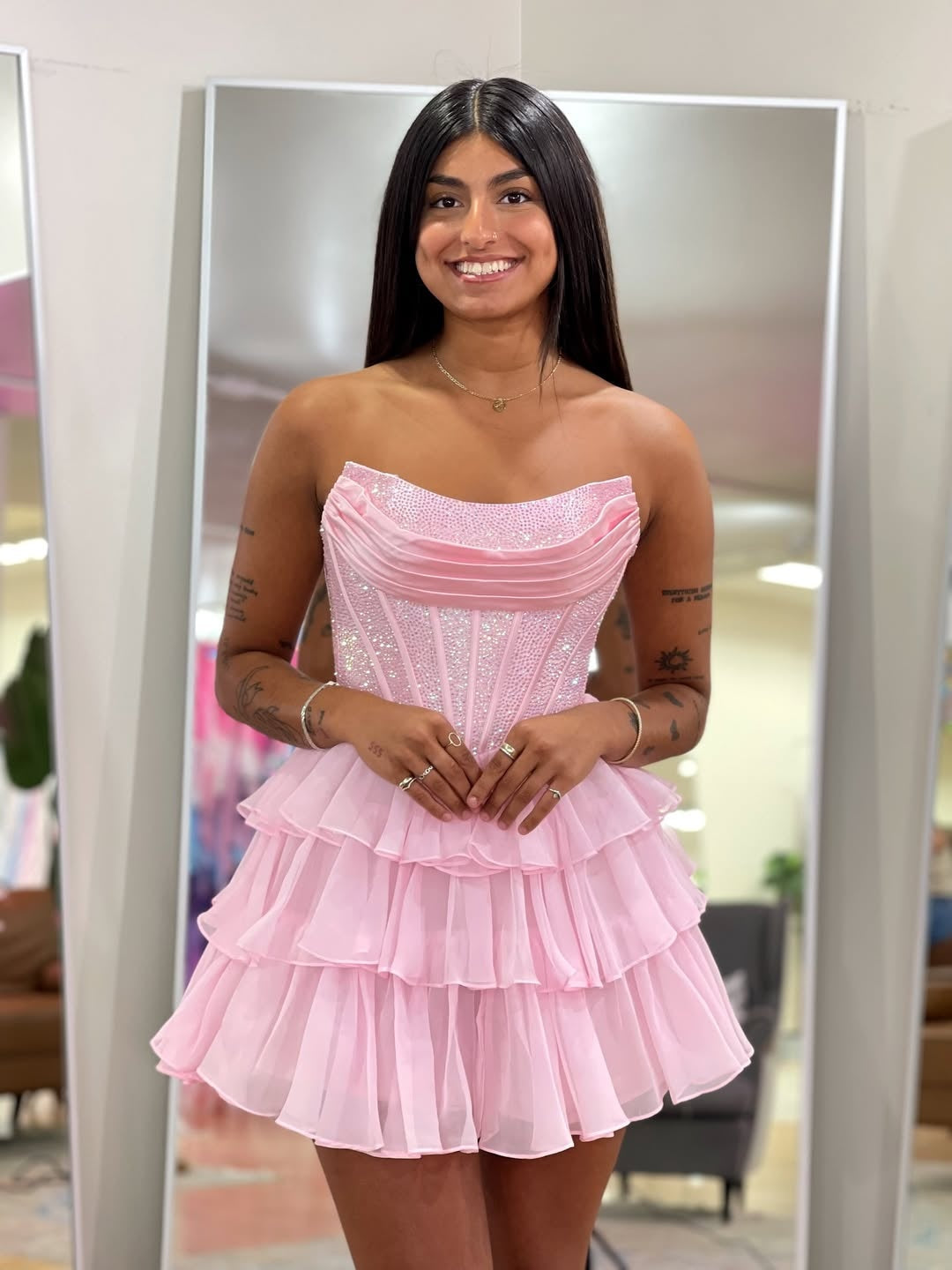 Cute A Line Strapless Yellow Corset Homecoming Dress with Ruffles Beading
