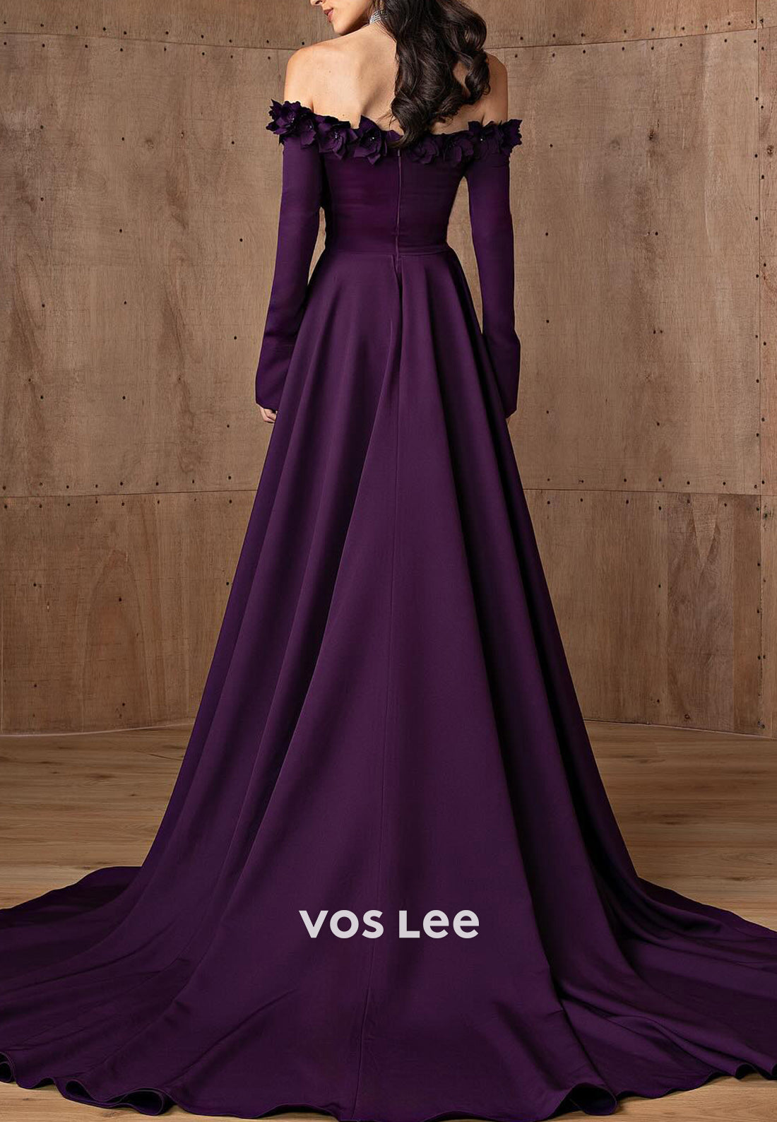 A-Line Long Sleeve Off the Shoulder Floral Embossed Pleated Evening Gowns