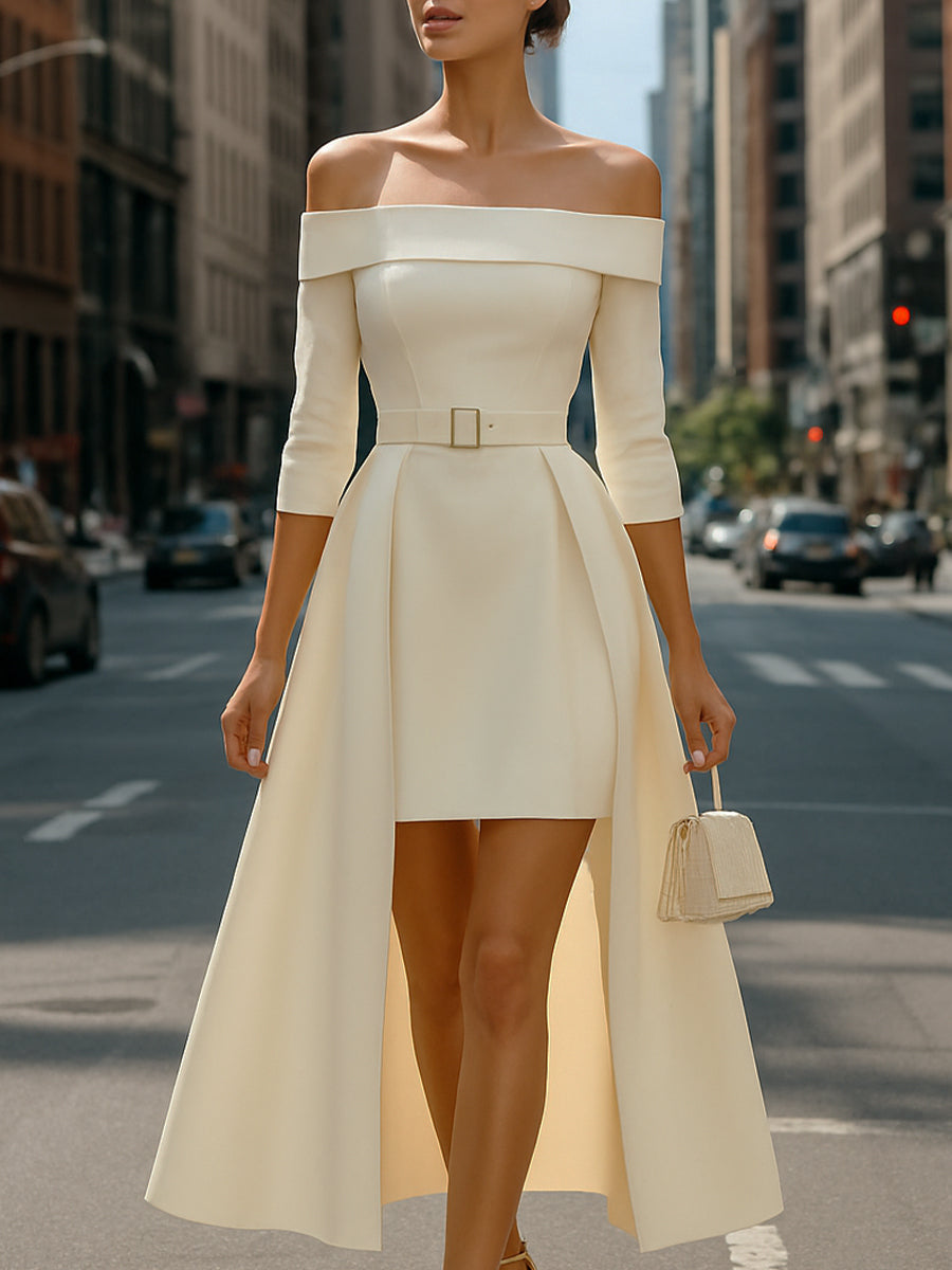 Elegant Off-Shoulder High-Low Cream Dress
