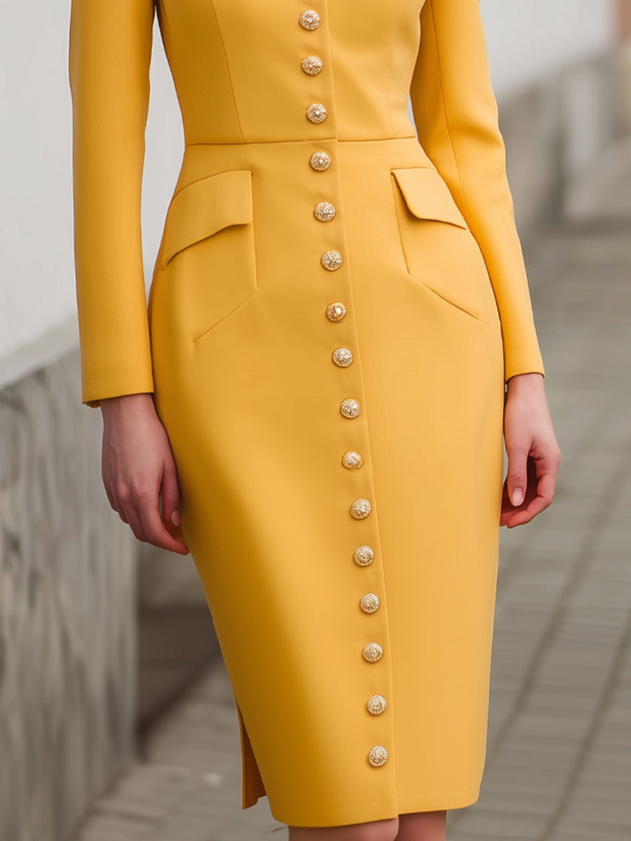 Elegant Golden Button-Front Structured Midi Dress