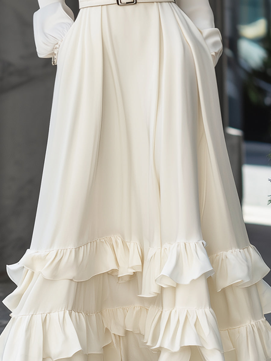 Ivory Ruffle Hem Belted Midi Dress With Bow Tie Neck