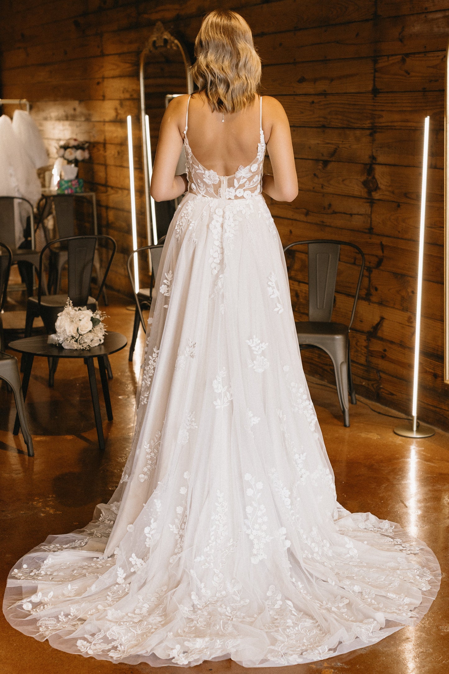 A-Line V Neck Sleeveless Appliqued Lace Wedding Dress