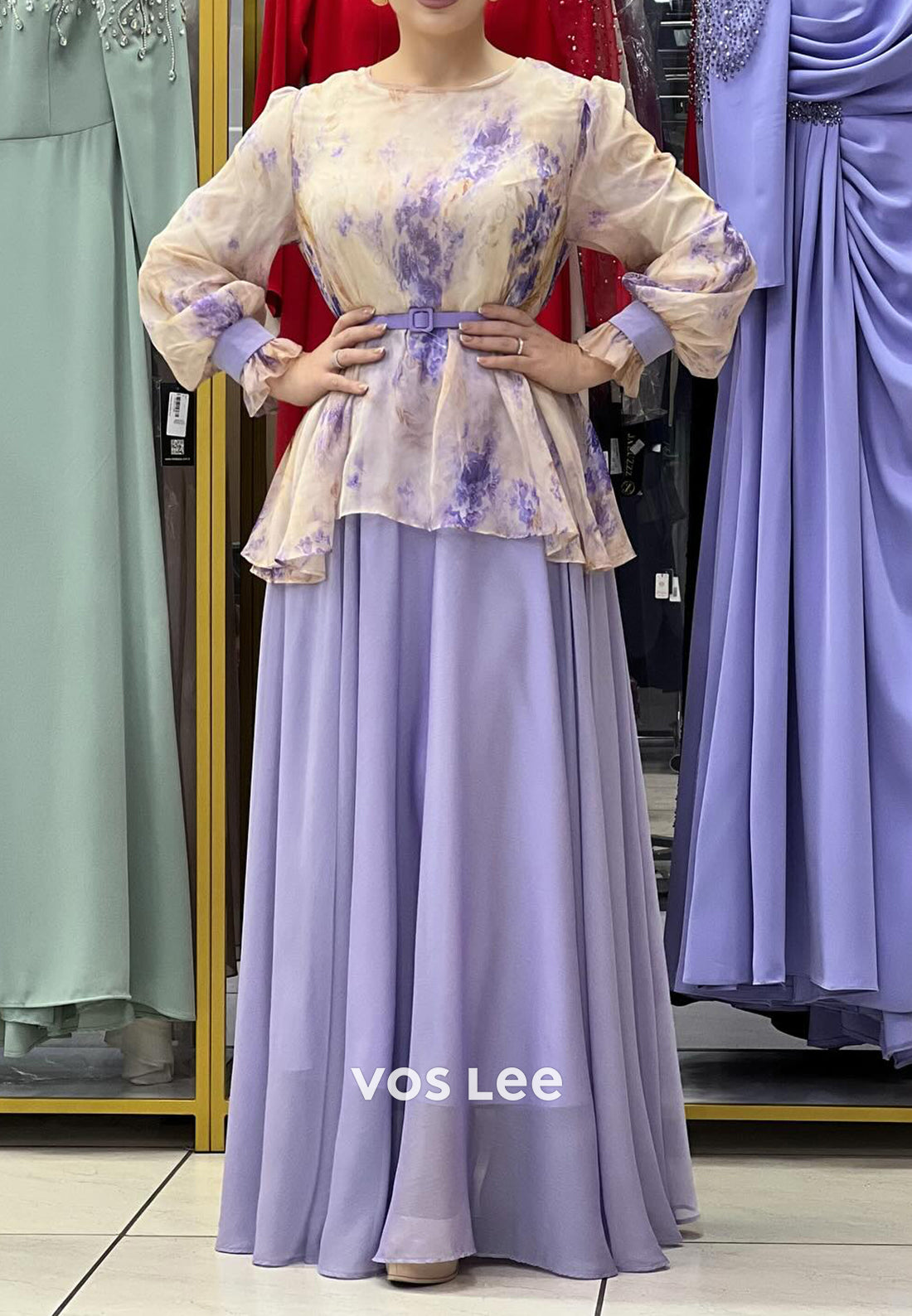 A-Line Long Sleeve Scoop Pleated Floor-Length Evening Dresses