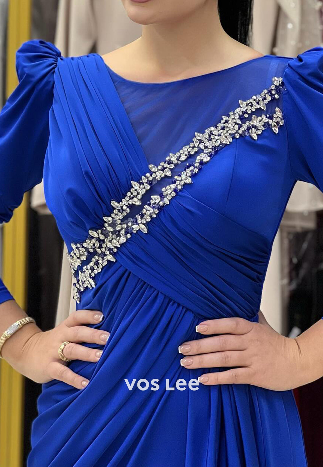 Royal Blue Long Sleeve Scoop Floor-Length Rhinestone Pleated Sheath Evening Dresses