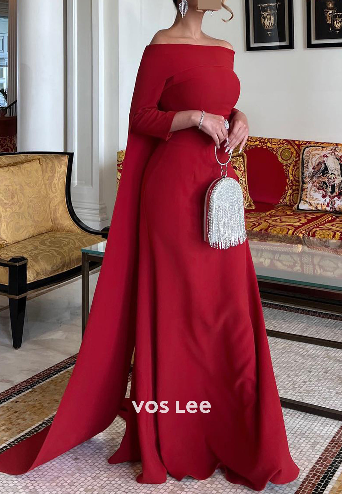 Simple & Casual 3/4 Sleeve Off the Shoulder Floor-Length Sheath Evening Dresses