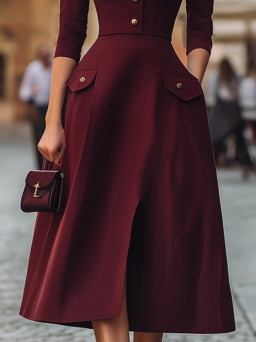 Vintage-Inspired Burgundy Button-Down Midi Dress