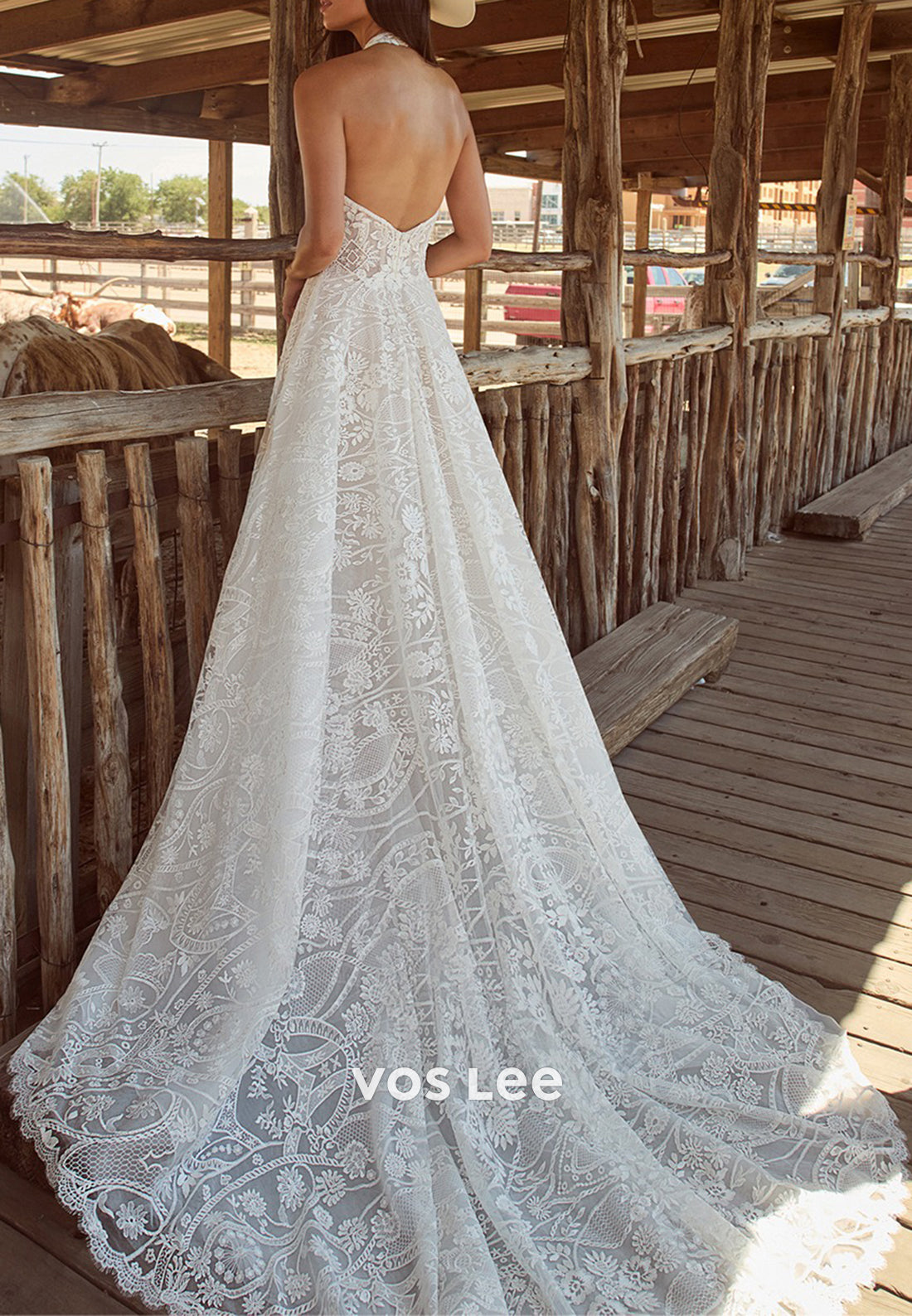 A-Line Halter Sleeveless Appliques Lace Pleated Wedding Dresses with Court Train