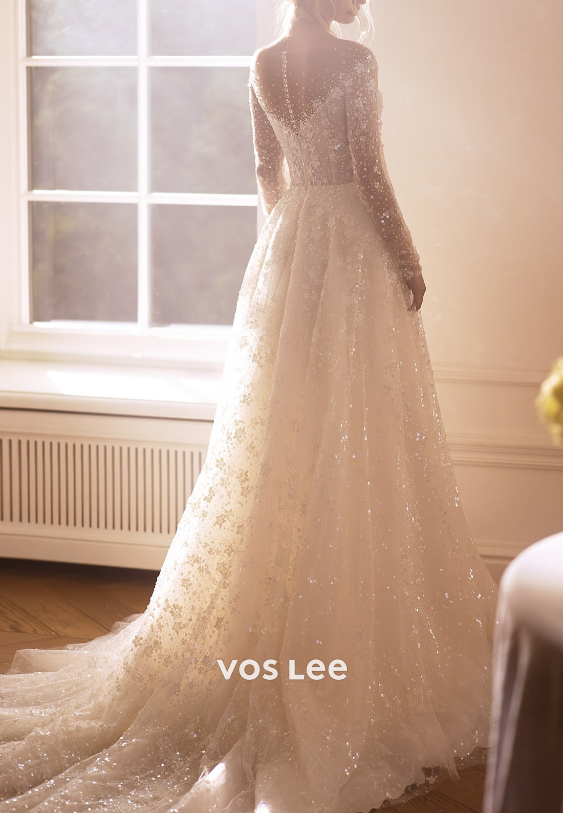 A-Line Long Sleeve Illusion Neck Sequins Floral Appliqued Wedding Dresses with Court Train