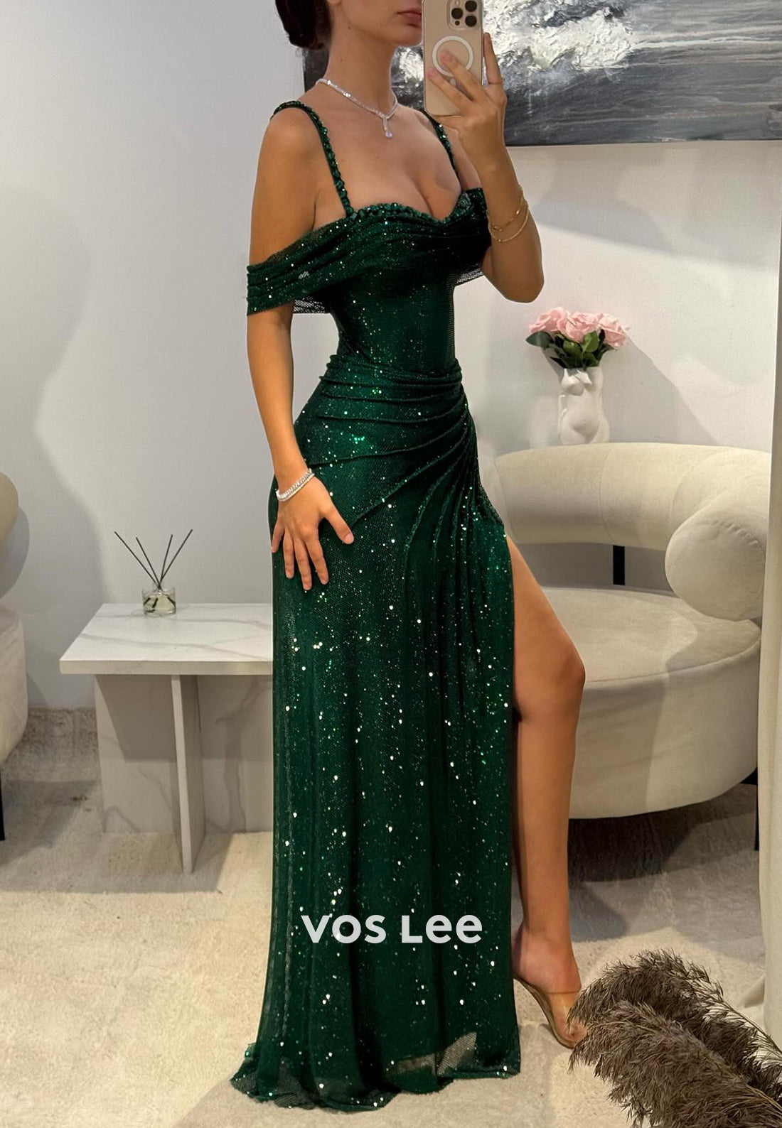 Dark Green Spaghetti Straps Rhinestone Sheath Prom Dresses with High Split