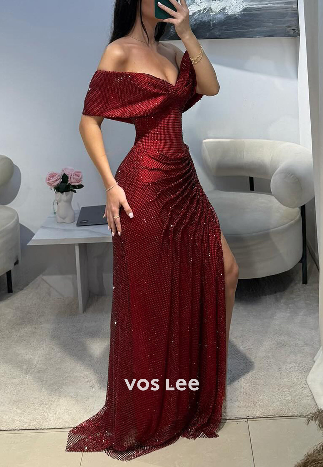 Sexy and Sleek Off the Shoulder Pleated Sheath Long Evening Dresses with High Spilt