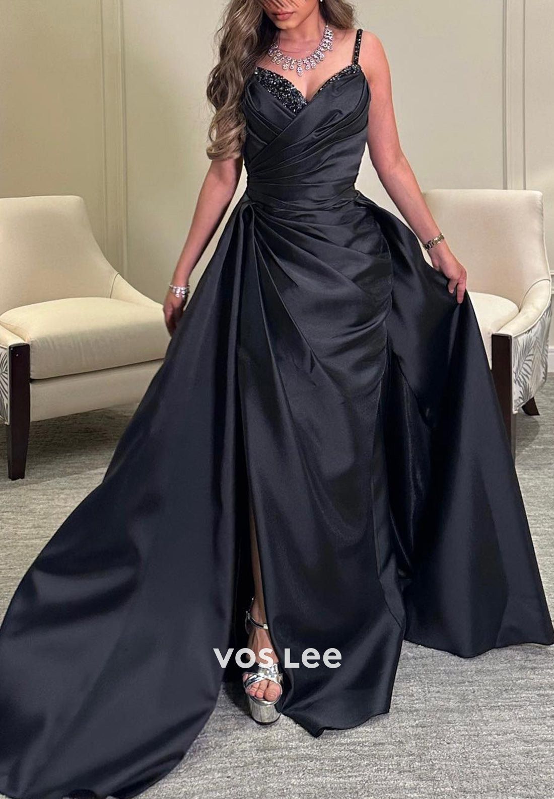 A-Line Spaghetti Straps Sweetheart Rhinestone Split Evening Dresses with Sweep Train
