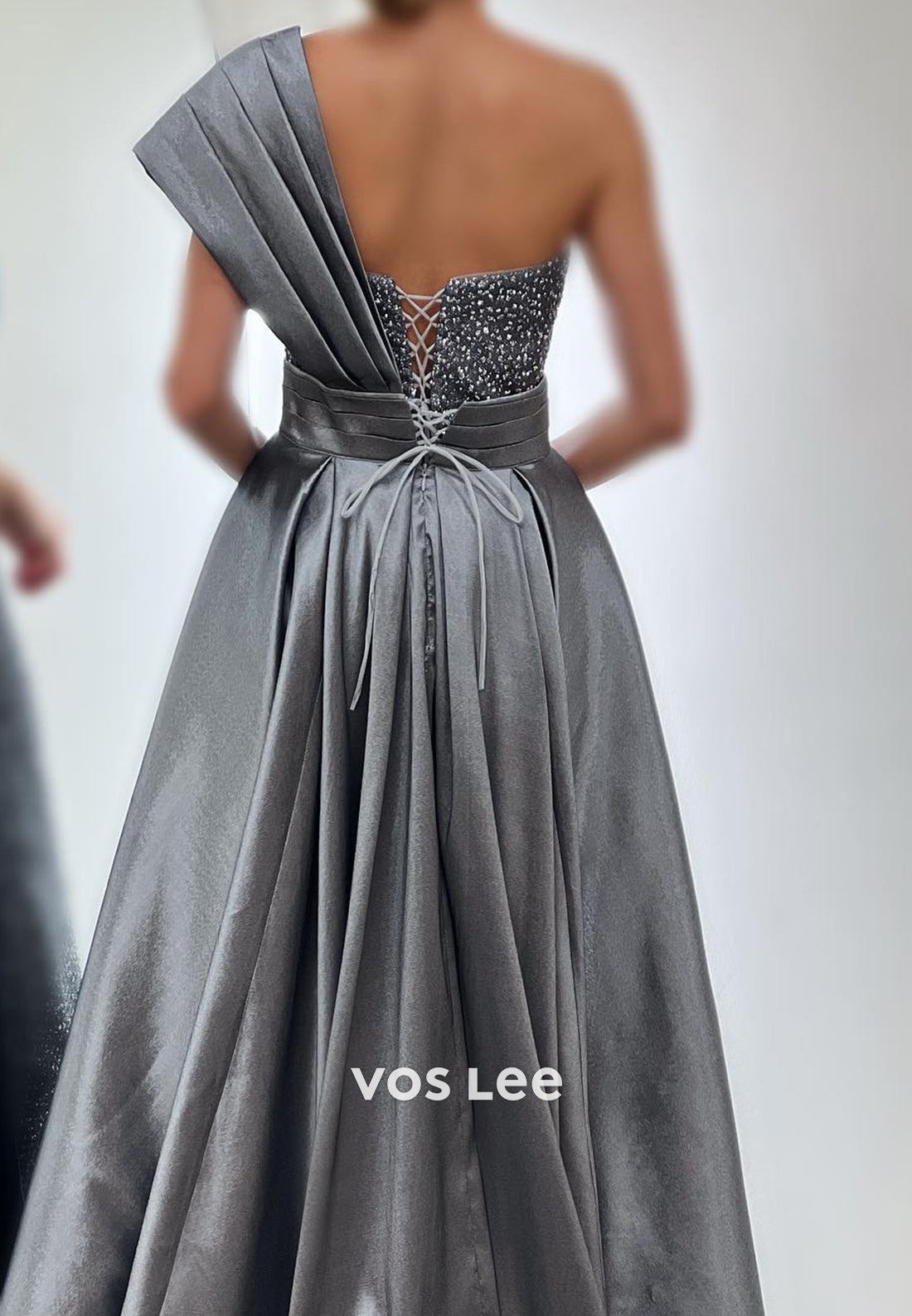 Sparkle & Shine One Shoulder Pleated Sheath Long Evening Dresses with Court Train