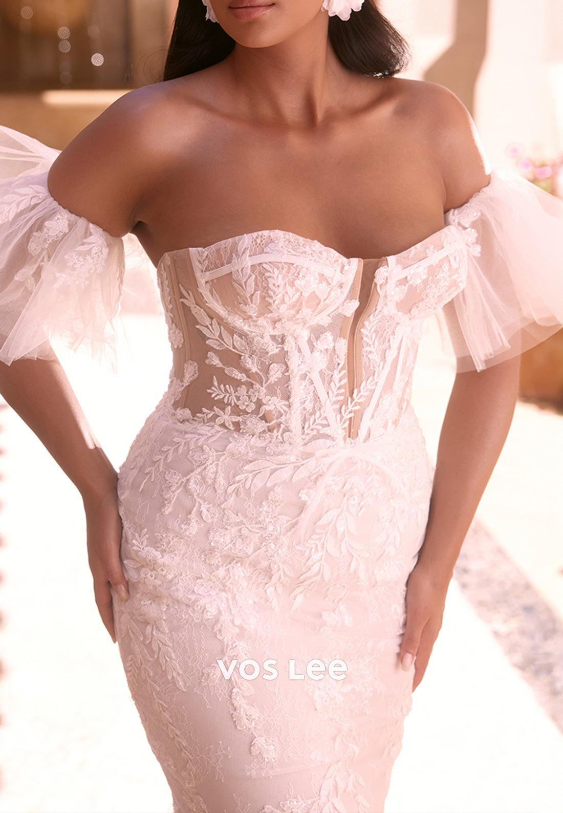 Strapless Sweetheart Appliques Lace Beach Mermaid Wedding Dresses with Sweep Train