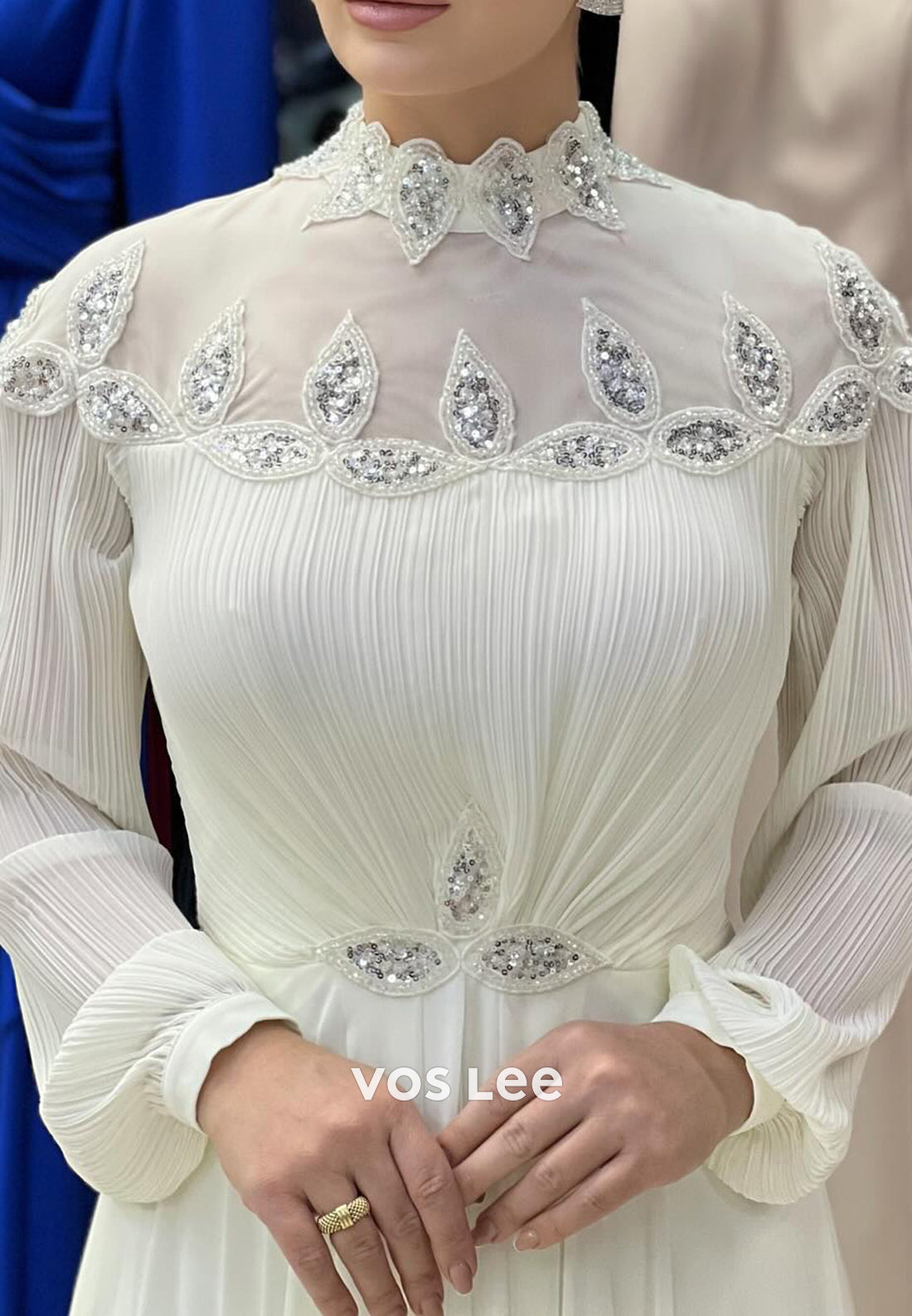 A-Line Long Sleeve High Neck Sequined Embellished Pleated Evening Dresses