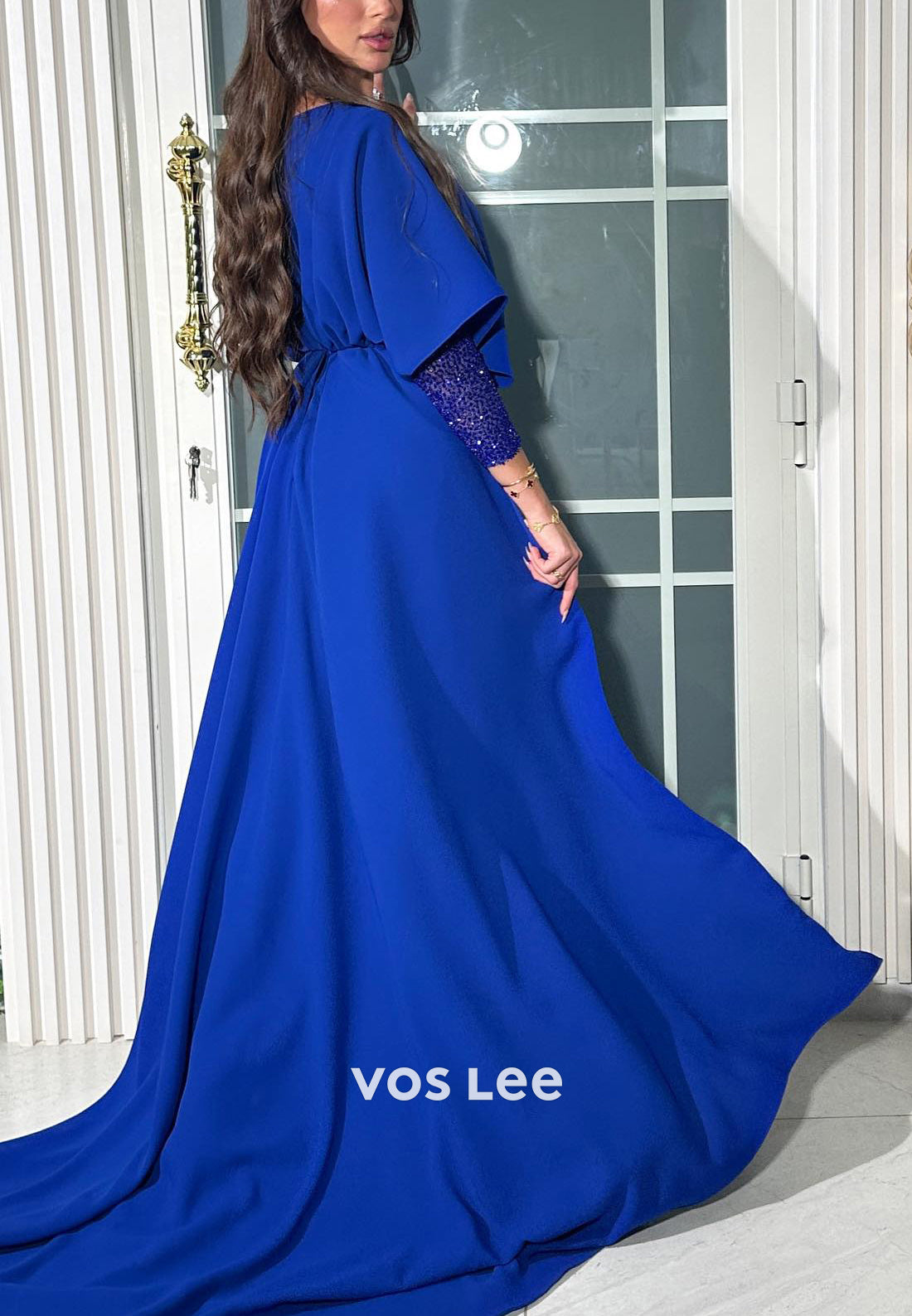 Simple Long Sleeve V Neck Royal Blue Sheath Evening Dresses with Sweep Train